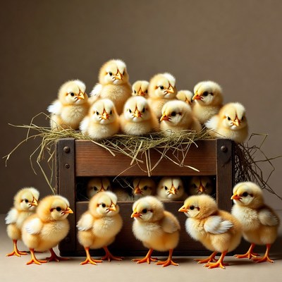 Chicks in wooden crate