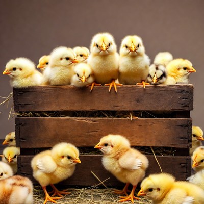 Chicks in wooden crate