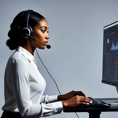 African-American woman working at computer with headset