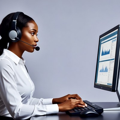 African-American woman using headset at computer