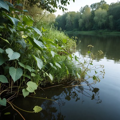 Lush green plants by calm riverbank