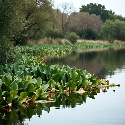 Water Lilies Along Calm Riverbank