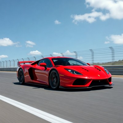 Red Supercar Speeding on Racetrack