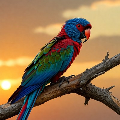Colorful Parrot Perched on Branch at Sunset