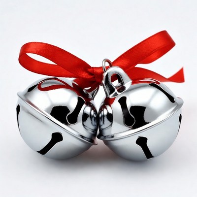 Two silver jingle bells with red ribbon
