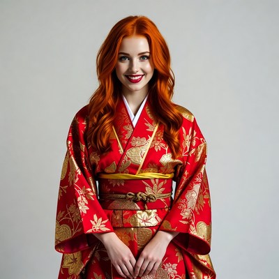 Redhead woman in red kimono