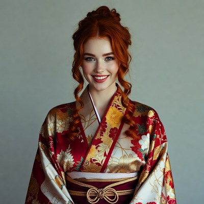 Redhead woman in red kimono