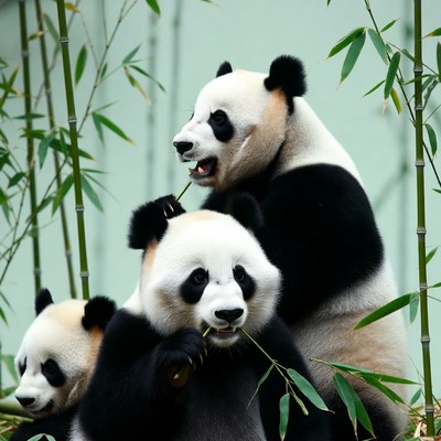 Three pandas eating bamboo