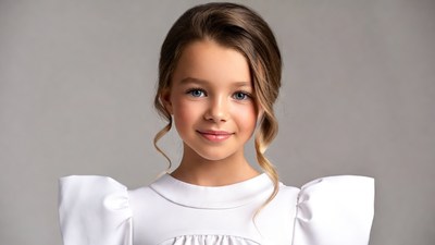 Young girl in white puffy sleeve dress
