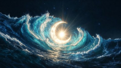 Glowing Crescent Moon in Ocean Waves