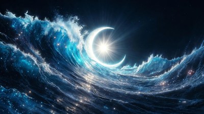 Crescent Moon Over Glowing Ocean Waves