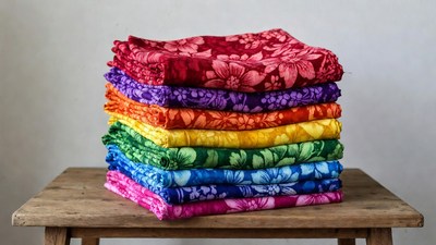 Stacked Rainbow Floral Fabrics on Table