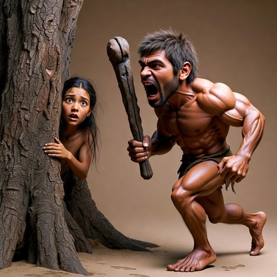 Muscular caveman chasing scared girl