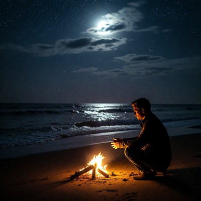 Man sitting by beach bonfire at night