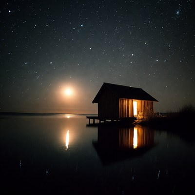Wooden Cabin by Lake Under Starry Sky