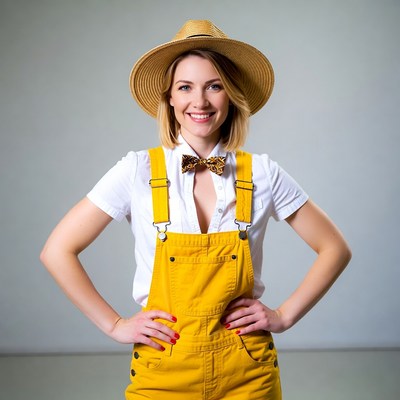 Woman in yellow overalls and straw hat