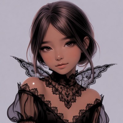 Anime girl in black lace dress