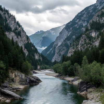 Mountain River Valley with Forests