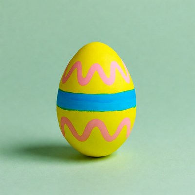 Yellow Easter egg with pink and blue stripes