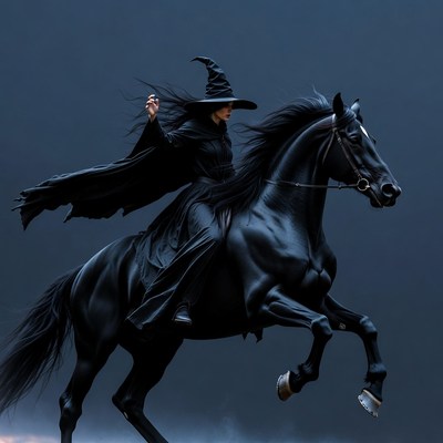 Woman riding black horse in witch costume
