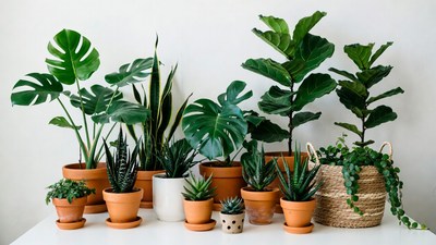Assortment of houseplants in terracotta pots