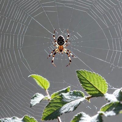 Orange Spider on Web with Leaves