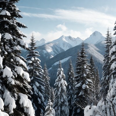 Snowy Pine Trees and Mountains
