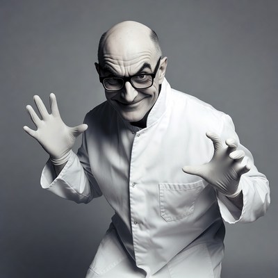 Bald man in lab coat with gloves