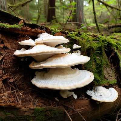 White shelf fungi on mossy log