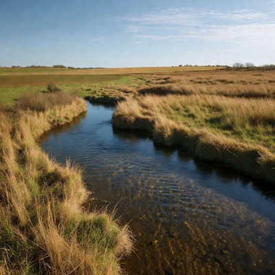 Winding river through golden autumn fields