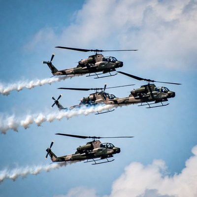 Three Military Helicopters Flying in Formation