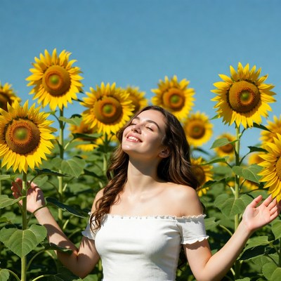 Woman smiling in sunflower field