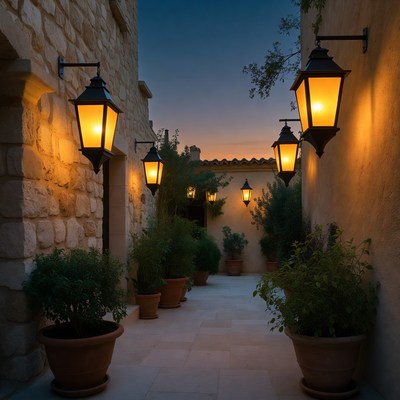 Lit Stone Alleyway at Dusk