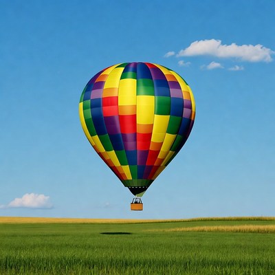Colorful hot air balloon over green field