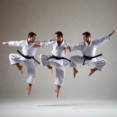 Three men performing karate kicks