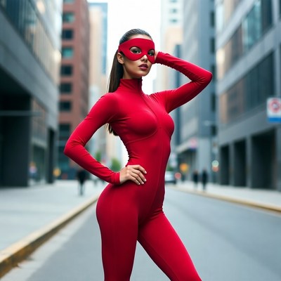 Woman in red catsuit and mask urban street