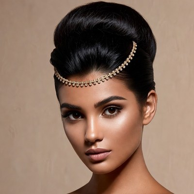 Woman with elegant updo and gold headpiece