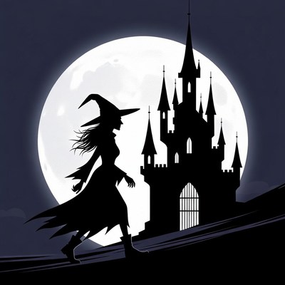 Silhouette witch walking to haunted castle
