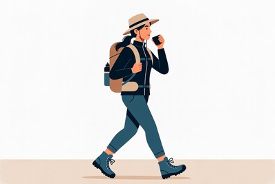Woman hiking with backpack and hat