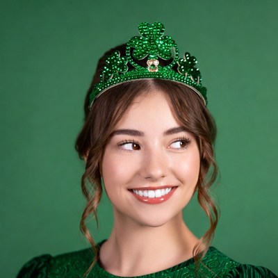 Woman wearing green shamrock crown