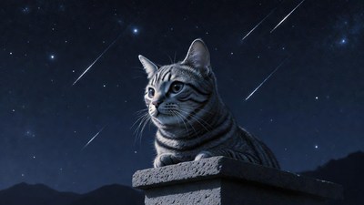 Gray cat gazing at starry meteor shower