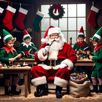 Santa Claus with Elves in Workshop