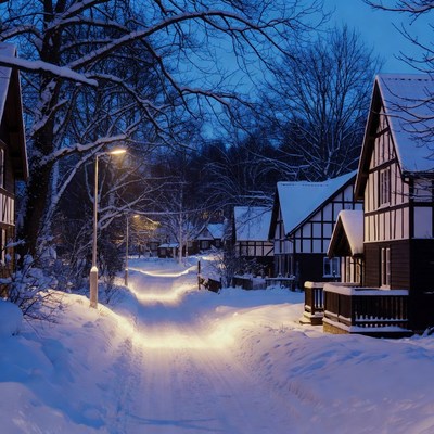 Snowy Path with Timber Houses at Night