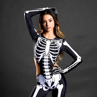 Woman in skeleton Halloween costume