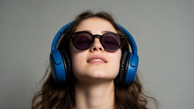 Woman wearing blue headphones sunglasses