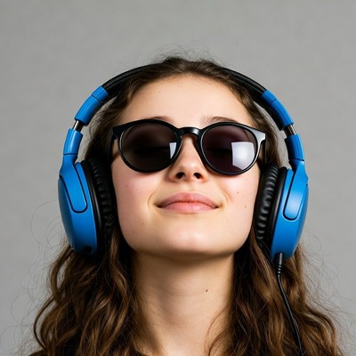 Woman wearing blue headphones sunglasses