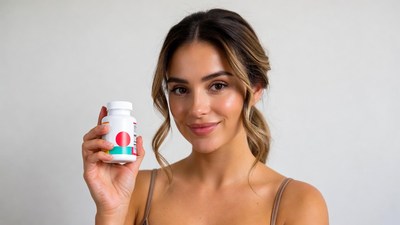 Woman holding supplement bottle