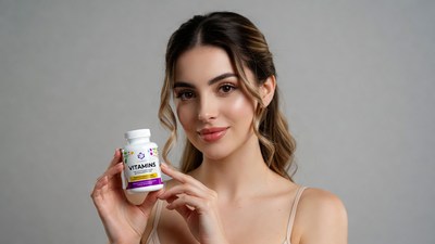 Woman holding vitamin bottle
