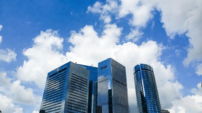 Modern Blue Glass Skyscrapers Against Sky