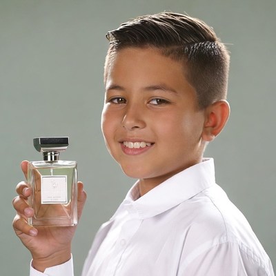 Boy holding perfume bottle